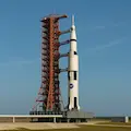 Saturn V rocket on launch pad at Kennedy Space Center before Apollo 11 launch, 1969.